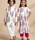 White printed cotton kurta set & kurta pant brother sister matching combo