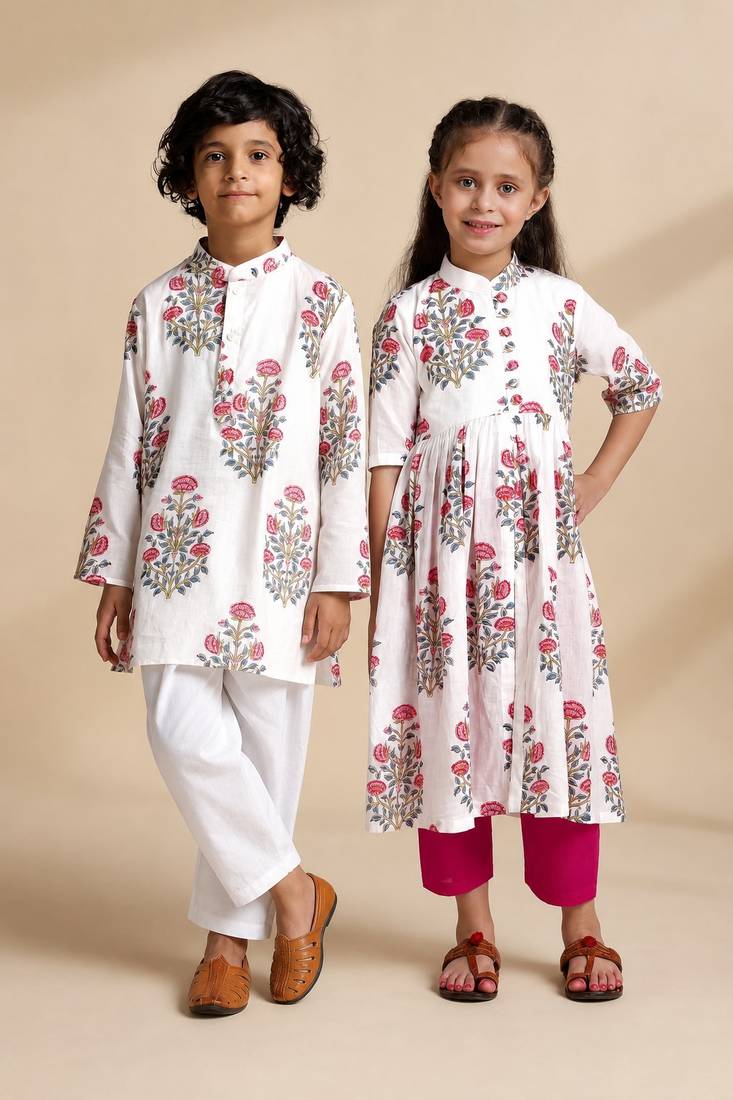 White printed cotton kurta set & kurta pant brother sister matching combo