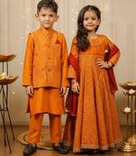 Mustard printed cotton silk kurta set & kurta jacket brother sister matching combo