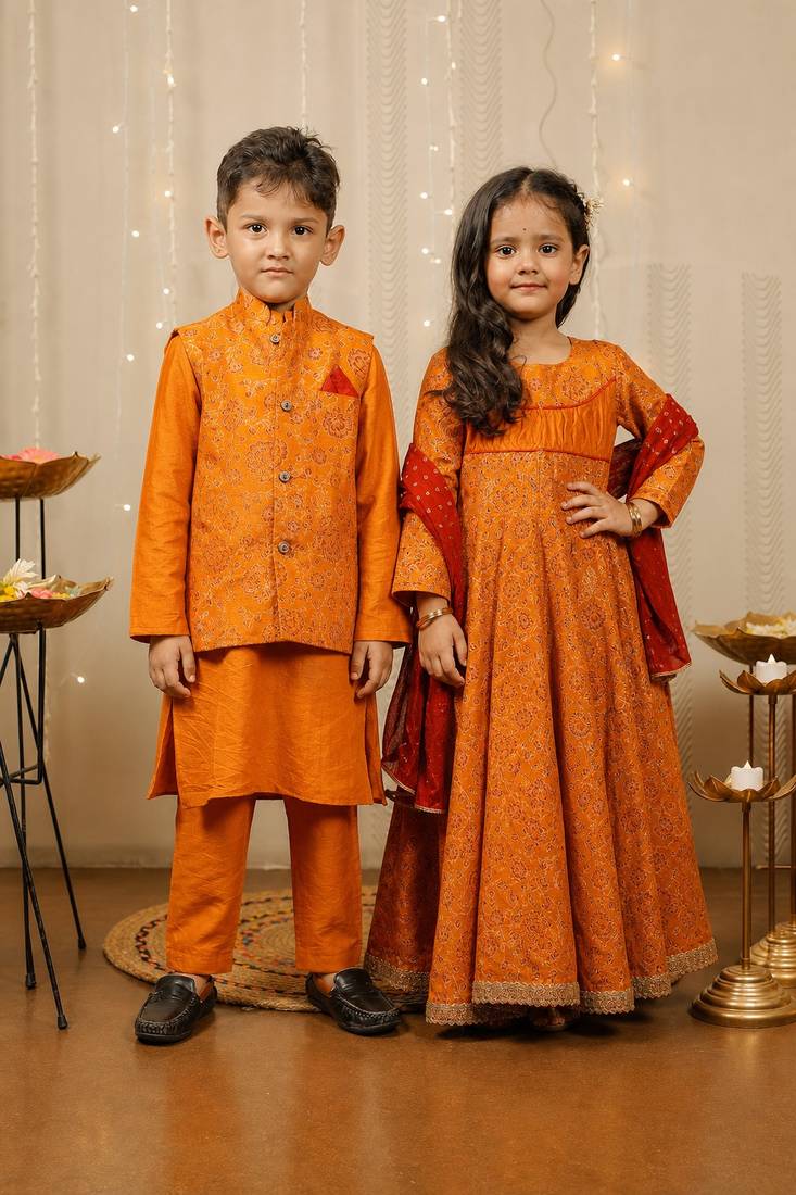 Mustard printed cotton silk kurta set & kurta jacket brother sister matching combo