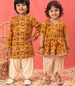 Yellow printed rayon dhoti kurta set & kurta pyjama brother sister matching combo