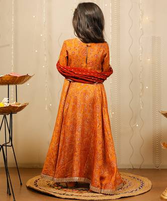 Mustard printed cotton silk kurta set & kurta jacket brother sister matching combo 2