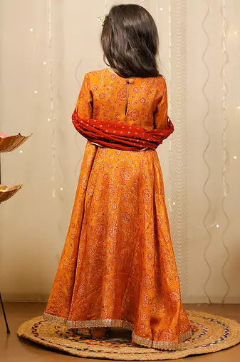 Mustard printed cotton silk kurta set & kurta jacket brother sister matching combo