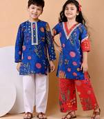 Royal blue printed cotton kurta set & kurta pant brother sister matching combo