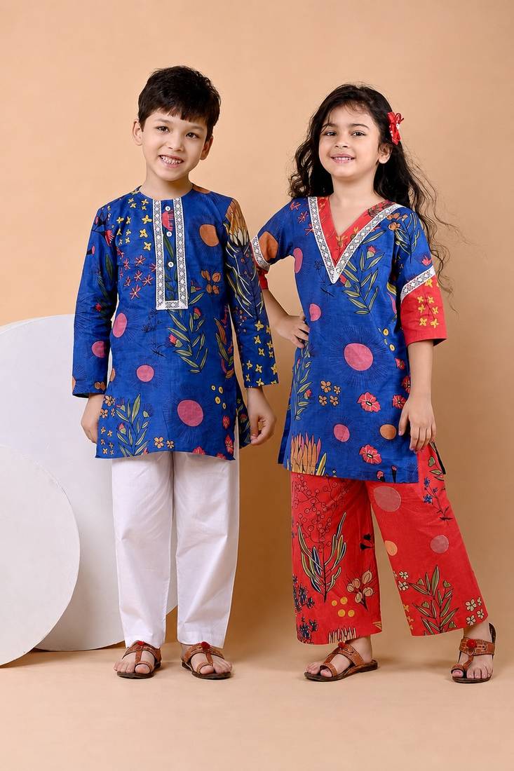 Royal blue printed cotton kurta set & kurta pant brother sister matching combo