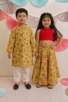 Yellow & sunshine embroidered cotton skirt set & kurta pyjama brother sister matching combo 1