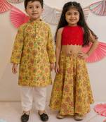 Yellow & sunshine embroidered cotton skirt set & kurta pyjama brother sister matching combo