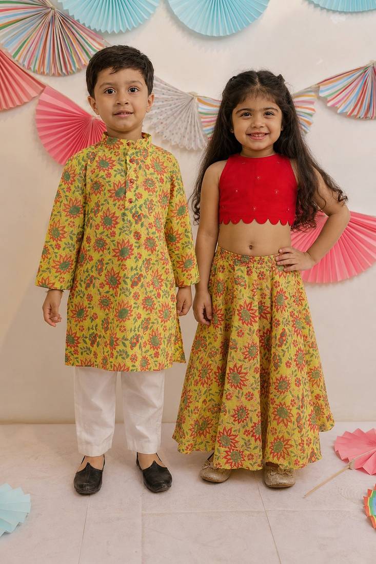Yellow & sunshine embroidered cotton skirt set & kurta pyjama brother sister matching combo