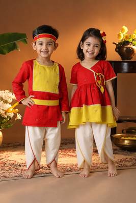 Red embroidered silk blend dhoti kurta brother sister matching combo 1