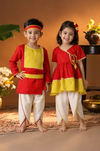 Red embroidered silk blend dhoti kurta brother sister matching combo