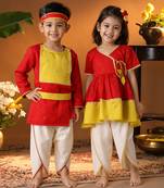 Red embroidered silk blend dhoti kurta brother sister matching combo