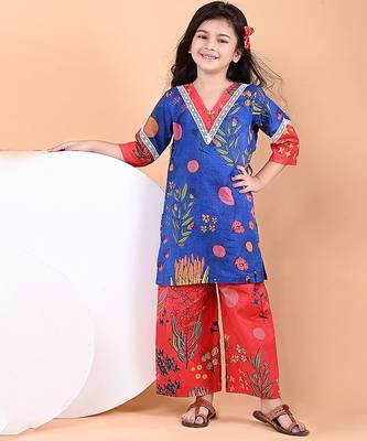 Royal blue printed cotton kurta set & kurta pant brother sister matching combo 2