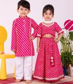 Pink & white leheriya & printed cotton lehenga choli & kurta pyjama brother sister matching combo