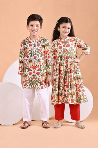 Off white printed cotton ethnic set & kurta pant brother sister matching combo