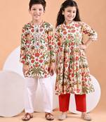 Off white printed cotton ethnic set & kurta pant brother sister matching combo