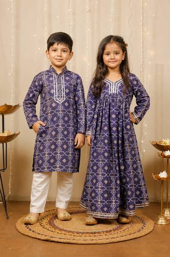 Blue printed cotton silk dress & kurta pyjama brother sister matching combo
