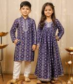 Blue printed cotton silk dress & kurta pyjama brother sister matching combo