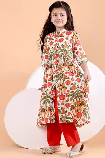 Off white printed cotton ethnic set & kurta pant brother sister matching combo