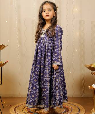 Blue printed cotton silk dress & kurta pyjama brother sister matching combo 2