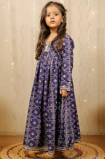 Blue printed cotton silk dress & kurta pyjama brother sister matching combo