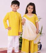 Yellow & white leheriya & printed cotton lehenga choli & kurta pyjama brother sister matching combo