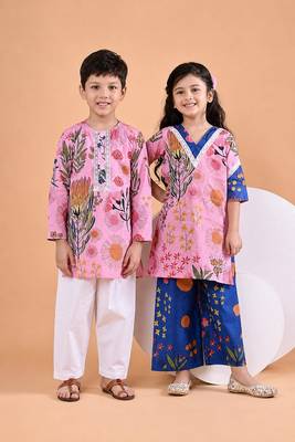 Pink & blue printed cotton kurta set & kurta pant brother sister matching combo 1