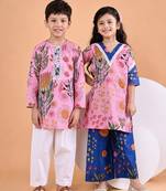 Pink & blue printed cotton kurta set & kurta pant brother sister matching combo