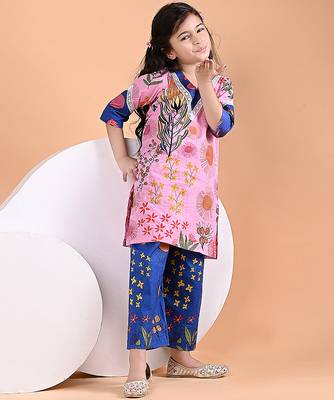 Pink & blue printed cotton kurta set & kurta pant brother sister matching combo 2