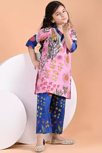 Pink & blue printed cotton kurta set & kurta pant brother sister matching combo