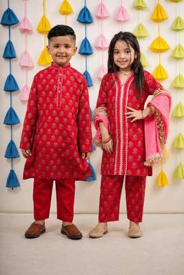 Red block printed chanderi kurta set & kurta pyjama brother sister matching combo 1