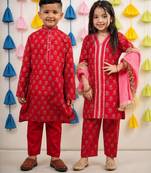 Red block printed chanderi kurta set & kurta pyjama brother sister matching combo