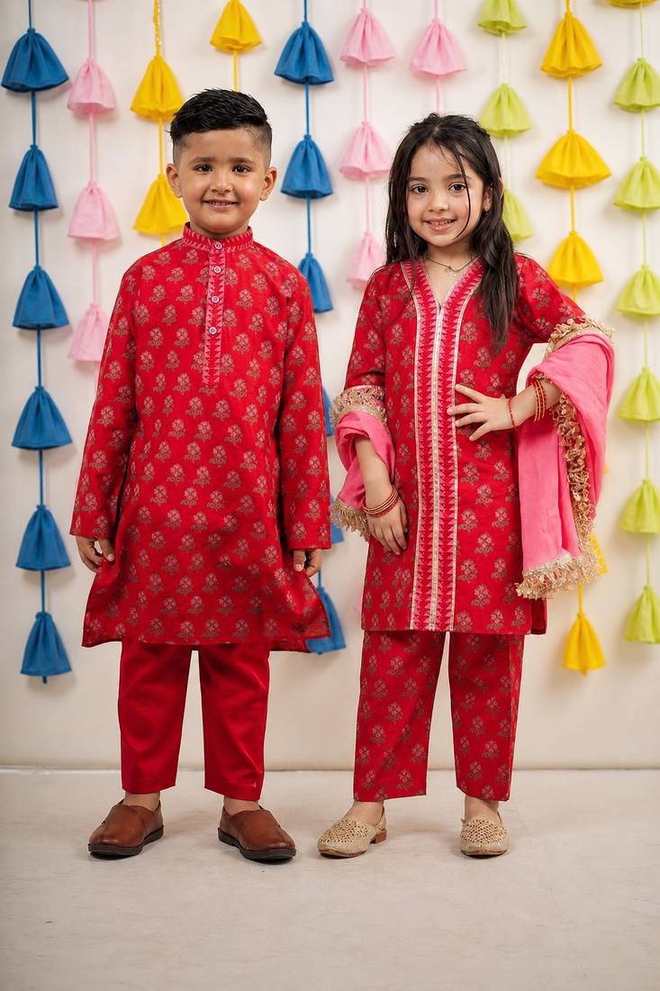 Red block printed chanderi kurta set & kurta pyjama brother sister matching combo