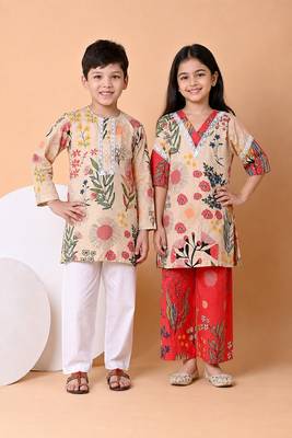 Beige & red printed cotton kurta set & kurta pant brother sister matching combo 1