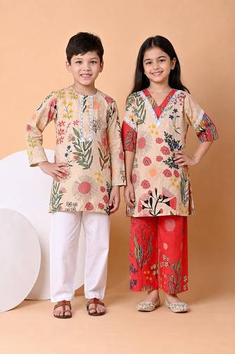 Beige & red printed cotton kurta set & kurta pant brother sister matching combo