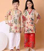Beige & red printed cotton kurta set & kurta pant brother sister matching combo