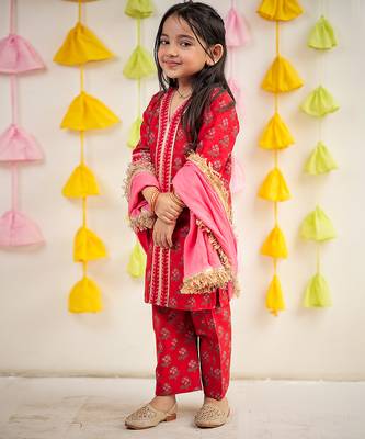 Red block printed chanderi kurta set & kurta pyjama brother sister matching combo 2