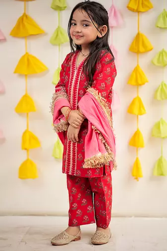 Red block printed chanderi kurta set & kurta pyjama brother sister matching combo