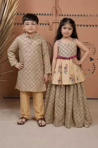 Beige printed dola silk & cotton silk sharara set & kurta pant brother sister matching combo