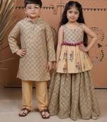 Beige printed dola silk & cotton silk sharara set & kurta pant brother sister matching combo