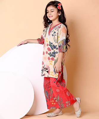 Beige & red printed cotton kurta set & kurta pant brother sister matching combo 2