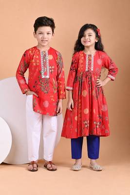 Red printed cotton ethnic set & kurta pant brother sister matching combo 1