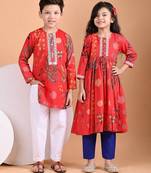 Red printed cotton ethnic set & kurta pant brother sister matching combo