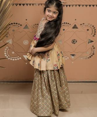 Beige printed dola silk & cotton silk sharara set & kurta pant brother sister matching combo 2