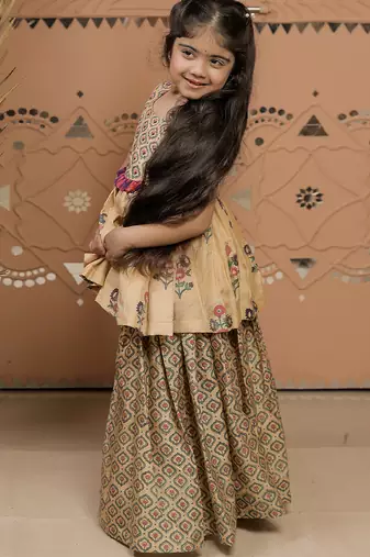 Beige printed dola silk & cotton silk sharara set & kurta pant brother sister matching combo