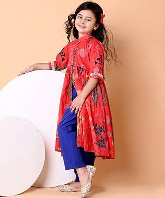 Red printed cotton ethnic set & kurta pant brother sister matching combo 2