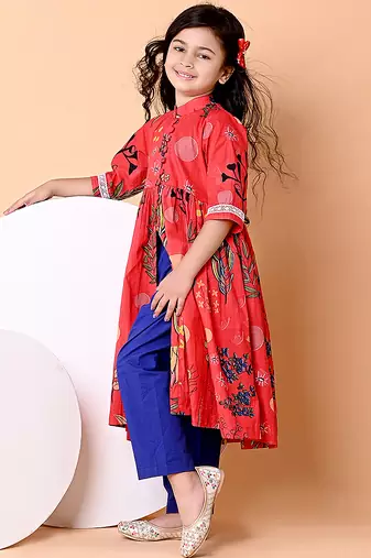 Red printed cotton ethnic set & kurta pant brother sister matching combo