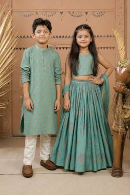 Teal green block printed dola silk lehenga choli & kurta pant brother sister matching combo 1