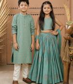 Teal green block printed dola silk lehenga choli & kurta pant brother sister matching combo