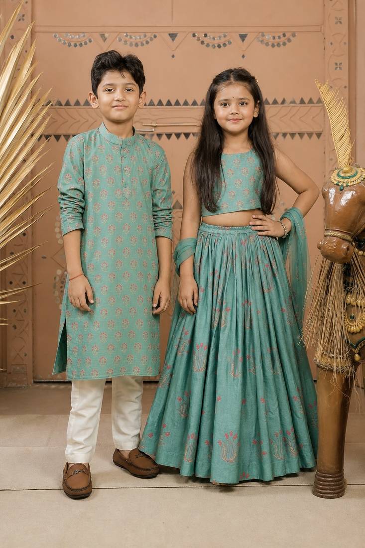 Teal green block printed dola silk lehenga choli & kurta pant brother sister matching combo