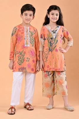 Peach orange printed cotton kurta set & kurta pant brother sister matching combo 1